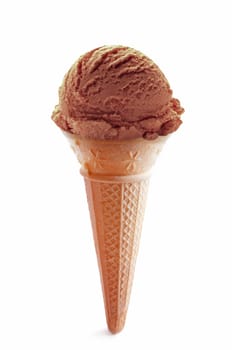 Chocolate ice cream cone over a white background