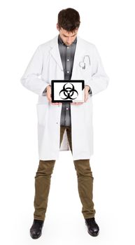 Doctor holding tablet, isolated on white - Warning! Biohazard!