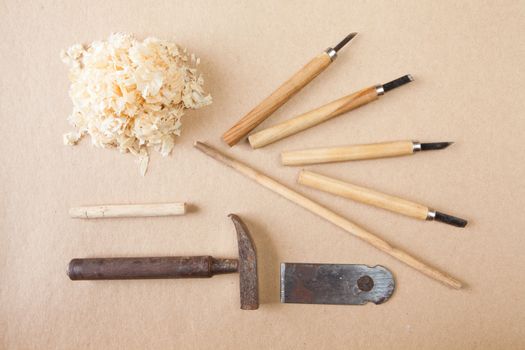 Working tools wood craftsman top view brown background