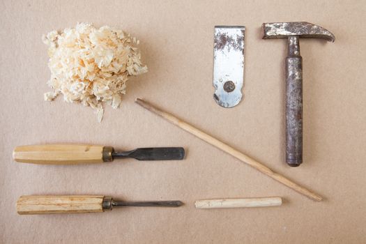 Working tools wood craftsman top view brown background