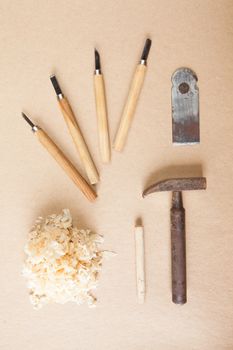 Working tools wood craftsman top view brown background