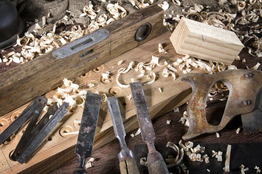 Workplace carpenter. Wood and a few tools