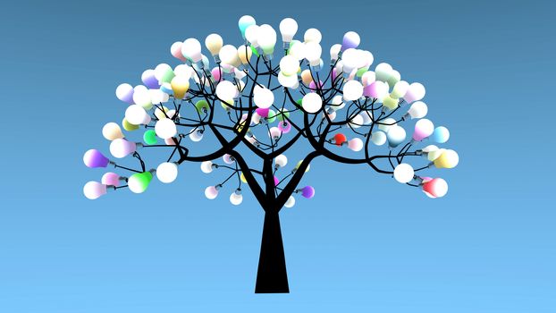 Tree whose leaves are bulbs. Colored lights are powered on. 3D Rendering