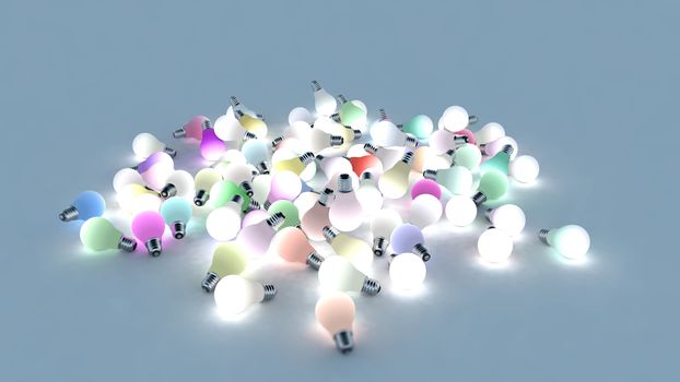 Several colored light bulbs on the ground. Colored lights are powered on. 3D Rendering