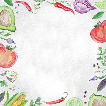 Watercolor menu template paper background with hand-painted healthy food ingredients