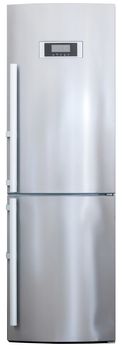 modern two-chamber stainless-steel refrigerator isolated on white front view