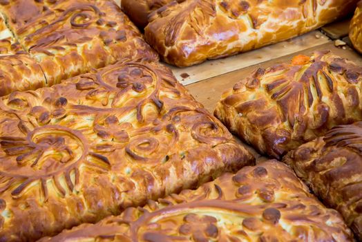 Kulebyaka cabbage pie close up. Russian cuisine