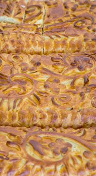 Kulebyaka cabbage pie close up. Russian cuisine