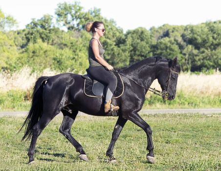 riding girl on a black stallion in nature