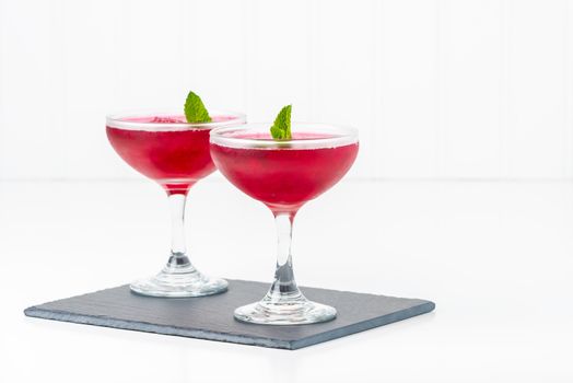 Blended frozen strawberry granita with mint that can be served with or without alcohol.