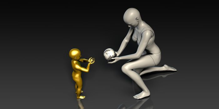 Mother and Son Holding Earth Globe Planet Together