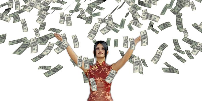 Asian Woman Catching Money Falling From the Sky in US Dollars