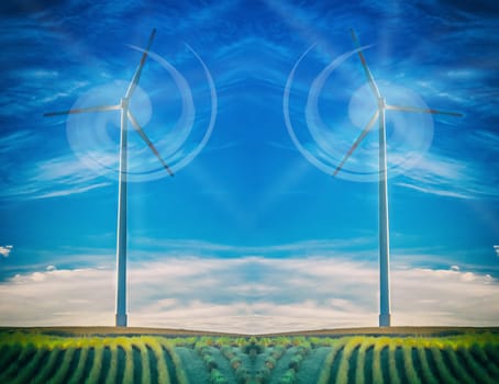 Artistic work of my own. HDR processing.
Wind turbine with light rays at abstract blue sky.