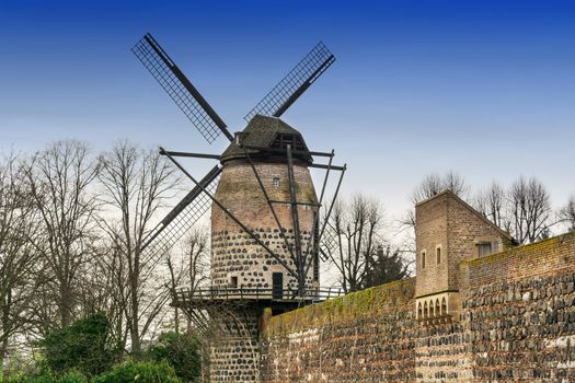 Old historic windmill in Zons am Rhein, Germany.