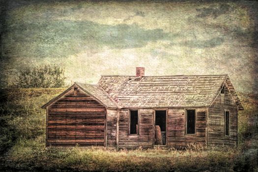 old abandoned farmhouse on a prairie, St Vrain State Park near Longmont, Colorado,, grunge and gritty texture picture finish