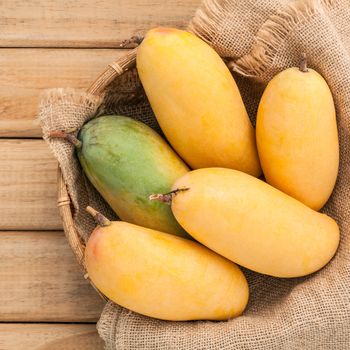 Fresh organic traditional thai mangoes high vitamins and minerals set up on hemp sack background.