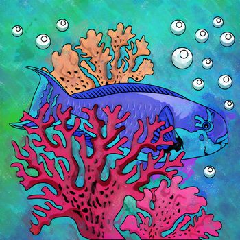 Fish in aquarium. Bright colorful watercolor illustration.