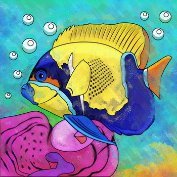 Fish in aquarium. Bright colorful watercolor illustration.