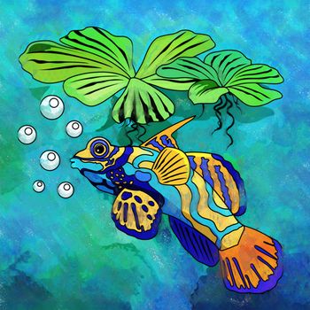 Fish in aquarium. Bright colorful watercolor illustration.