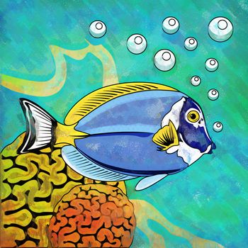 Fish in aquarium. Bright colorful watercolor illustration.