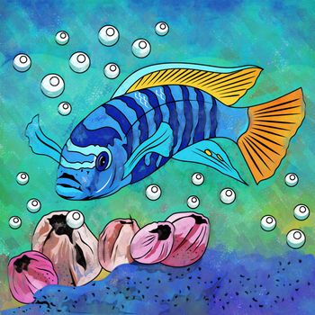 Fish in aquarium. Bright colorful watercolor illustration.