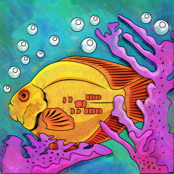 Fish in aquarium. Bright colorful watercolor illustration.