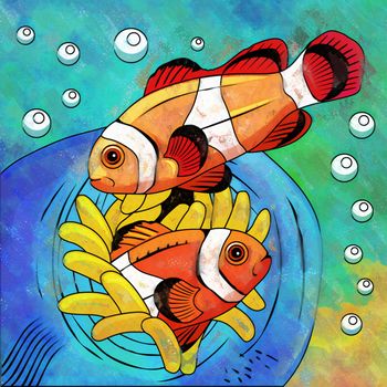 Fishes in aquarium. Bright colorful watercolor illustration.