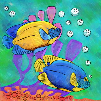 Fishes in aquarium. Bright colorful watercolor illustration.