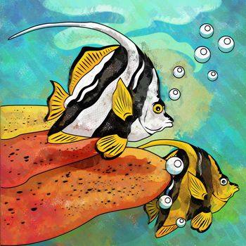 Fishes in aquarium. Bright colorful watercolor illustration.