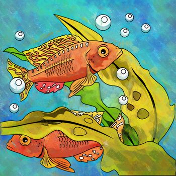 Fishes in aquarium. Bright colorful watercolor illustration.