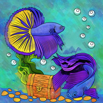 Fishes in aquarium. Bright colorful watercolor illustration.