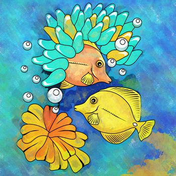 Fishes in aquarium. Bright colorful watercolor illustration.
