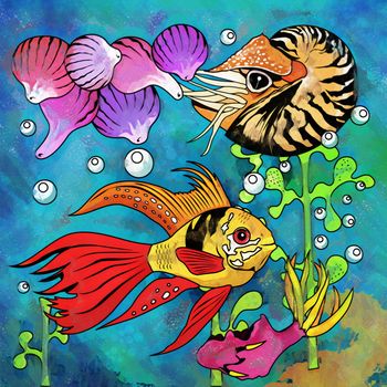 Fishes in aquarium. Bright colorful watercolor illustration.