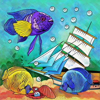 Fishes in aquarium. Bright colorful watercolor illustration.
