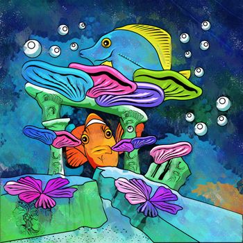 Fishes in aquarium. Bright colorful watercolor illustration.