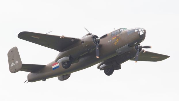 LEEUWARDEN, THE NETHERLANDS - JUNE 11: WW2 B-25 Mitchell bomber in Dutch markings during the Dutch Air Force Open House. June 11, 2016 in Leeuwarden, The Netherlands