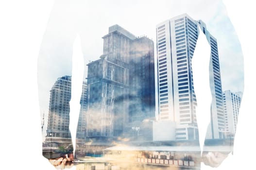 Double exposure of businessman in suit and cityscape as Business Concept
