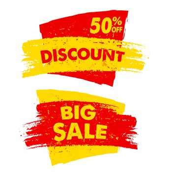 50 percent off discount and big sale text banners, two yellow red grunge drawn labels, business commerce shopping concept
