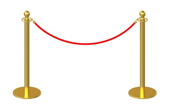 Golden fence, stanchion with red barrier rope, isolated on white background. 3d rendering