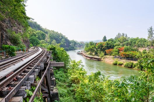 Beautiful landscape Death Railway bridge over the Kwai Noi River at Krasae cave in Kanchanaburi province Thailand 