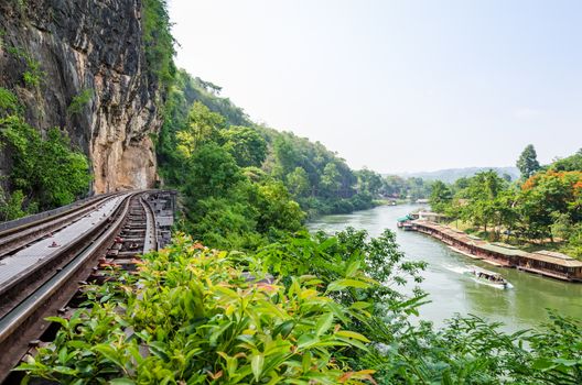 Beautiful landscape Death Railway bridge over the Kwai Noi River at Krasae cave in Kanchanaburi province Thailand 