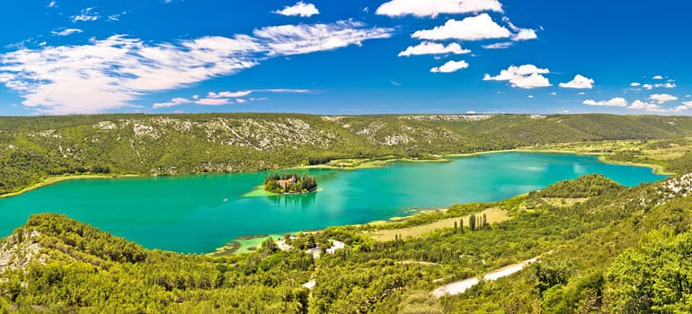 Krka river national park panoramic view with Visovac monastery, Dalmatia, Croatia