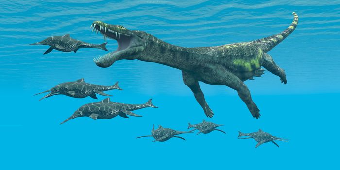 A carnivorous reptile attacks smaller marine dinosaurs in a Cretaceous ocean.