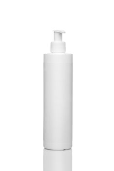 Plastic bottle with the batcher for liquid cosmetic isolated on a white background