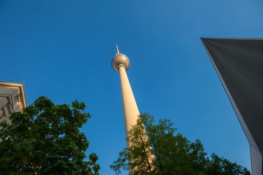 The Fernsehturm (TV Tower) seen at Berlin's Alexanderplatz from below