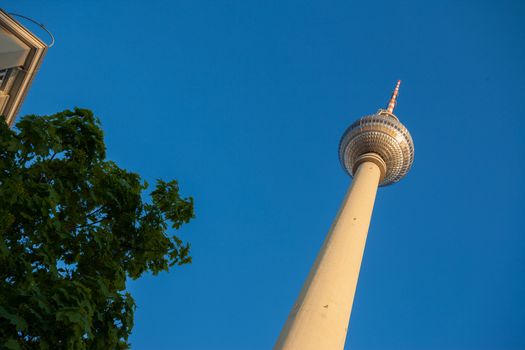 The Fernsehturm (TV Tower) seen at Berlin's Alexanderplatz from below