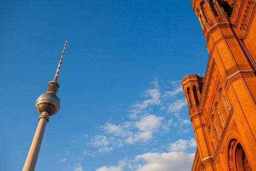 Wide angle view of Rotes Rathaus and Fernsehturm (TV Tower), Berlin