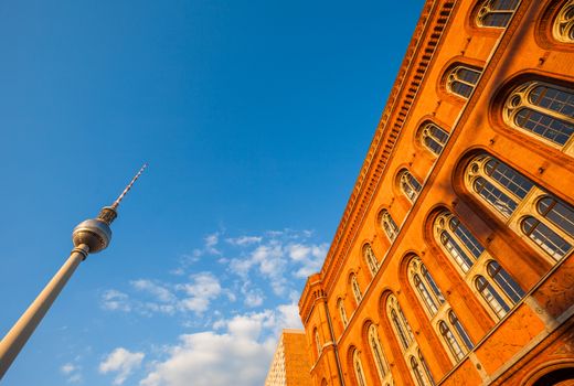 Wide angle view of Rotes Rathaus and Fernsehturm (TV Tower), Berlin