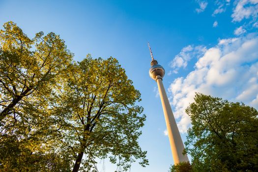 The Fernsehturm (TV Tower) seen at Berlin's Alexanderplatz from below