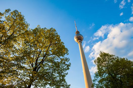 The Fernsehturm (TV Tower) seen at Berlin's Alexanderplatz from below